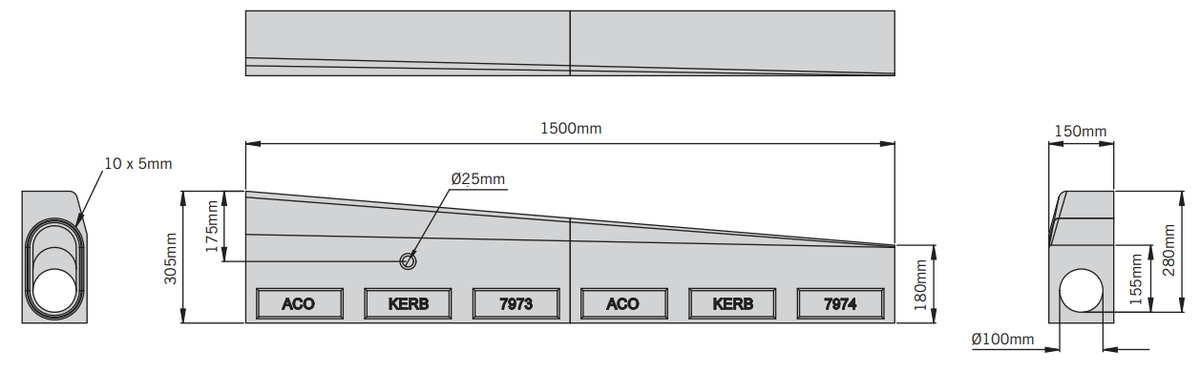 Esquema técnico del canal KERBDRAIN HB305 vado izquierdo de hormigón polímero