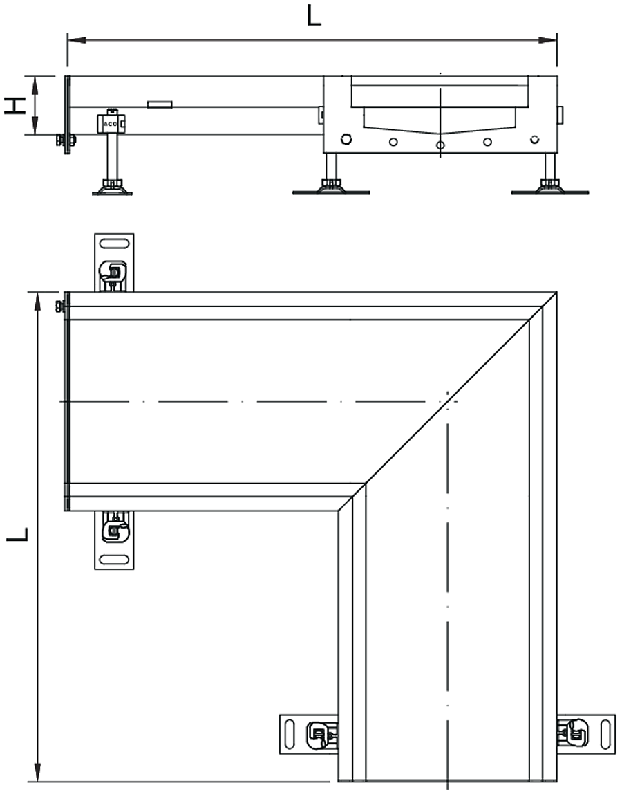 Esquema técnico del canal en L Modular 200 L515X515 H81,5 de altura interior H60 en acero inoxidable AISI304