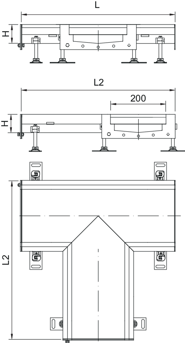 Esquema técnico do canal em T Modular 200 L500X515 H81,5 de altura interior H60 em aço inoxidável AISI304