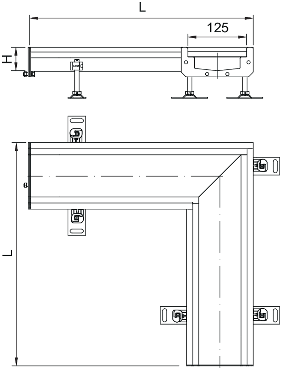 Esquema técnico do canal em L Modular 125 L515X515 H63 de altura interior H50 em aço inoxidável AISI304