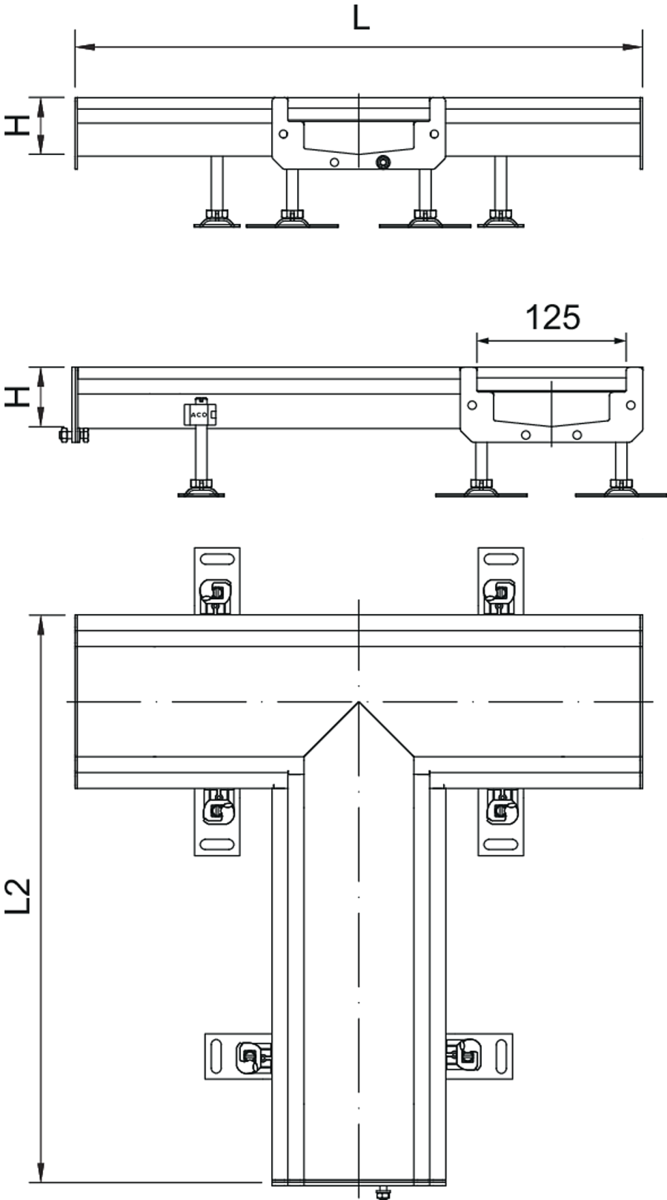 Esquema técnico do canal em T Modular 125 L500X515 H63 de altura interior H50 em aço inoxidável AISI304