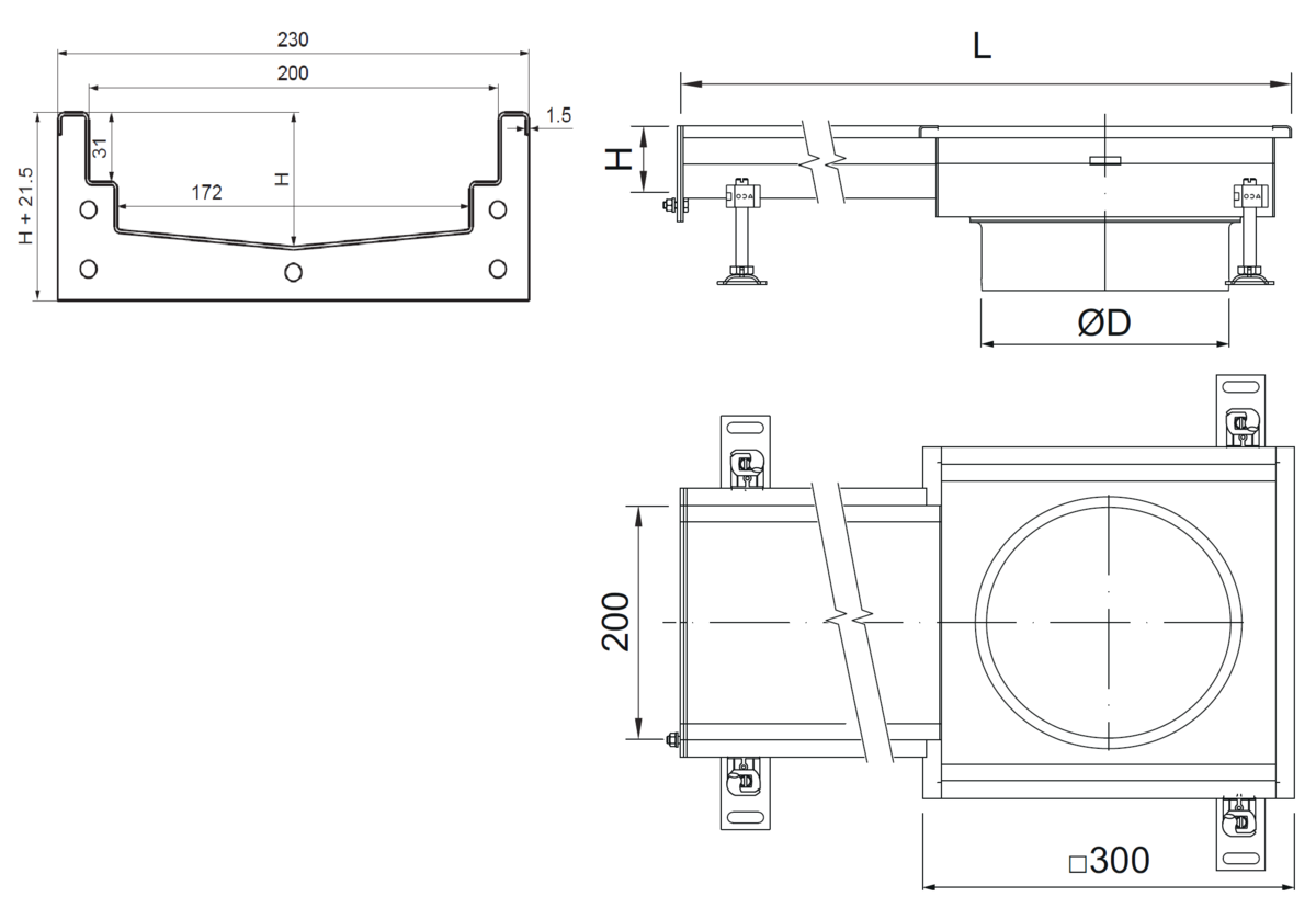 Esquema técnico del canal Modular 200 L785 H81,5 de altura interior H60 en acero inoxidable AISI304 con salida final DN/OD 110 de 300x300mm