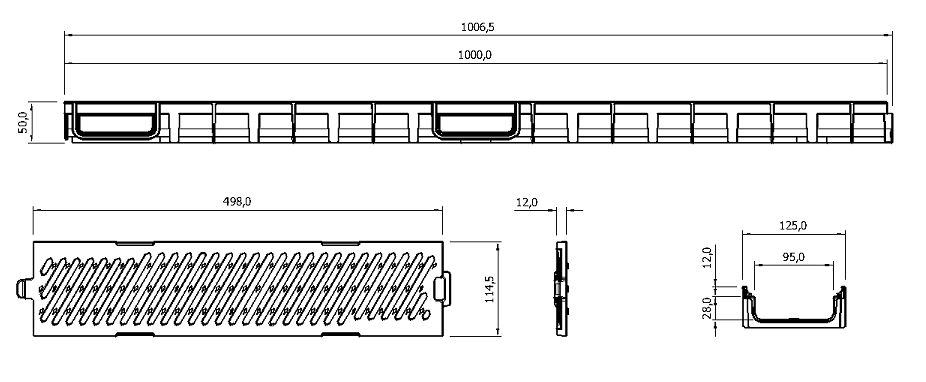 Esquema conjunto canal Easyline 100 HDPE negro H50 L1000mm con reja pasarela B125 fundicion
