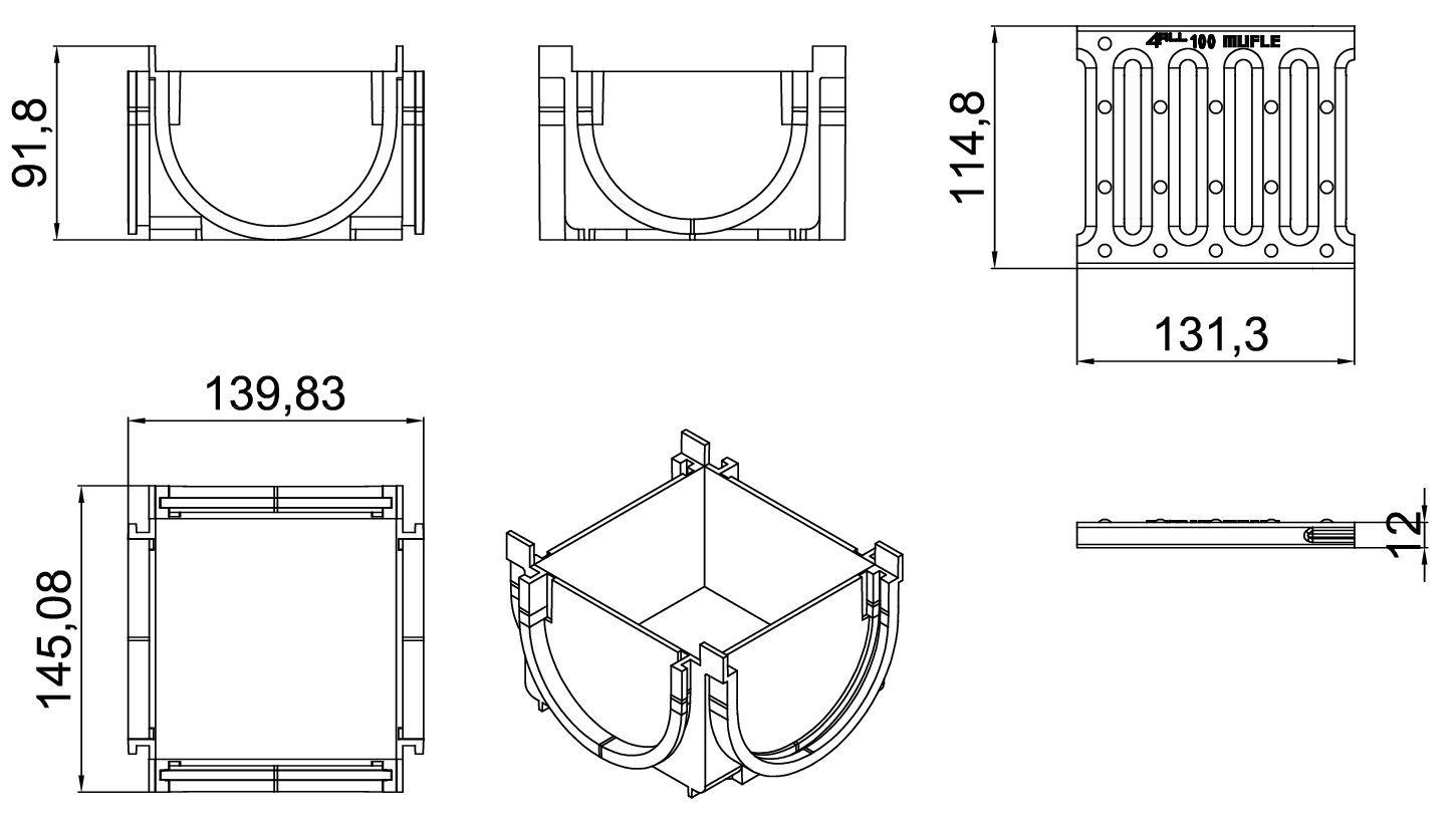 Esquema técnico de la esquina para el canal MUFLE 4ALL 100 en polietileno de alta densidad (HDPE) negro, de L145 A120 H92, con reja pasarela de acero inoxidable AISI304 clase de carga A15.