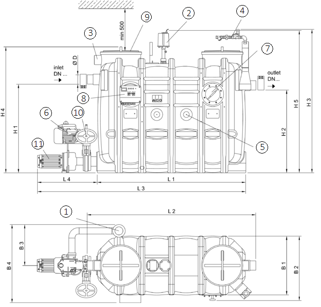 Esquema técnico generico del separador de grasas aéreo LIPUJET-P-OAP de polietileno de alta densidad (HDPE), ovalado, extension automático con bomba de residuos (AP).