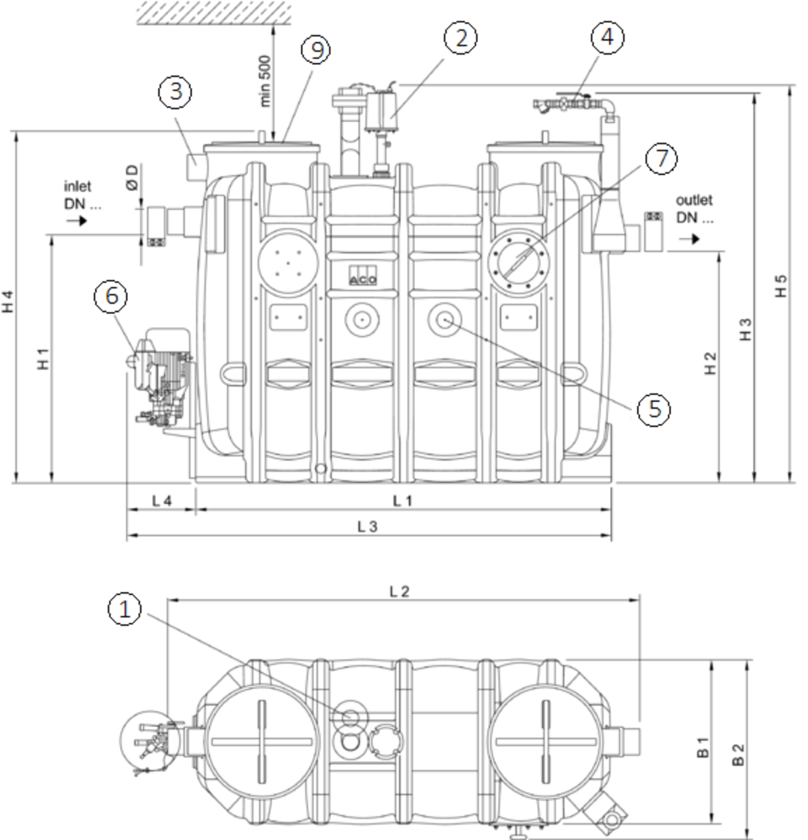 Esquema técnico generico del separador de grasas aéreo LIPUJET-P-OM de polietileno de alta densidad (HDPE), ovalado, extensión con tubo de succión y limpieza manual (M).