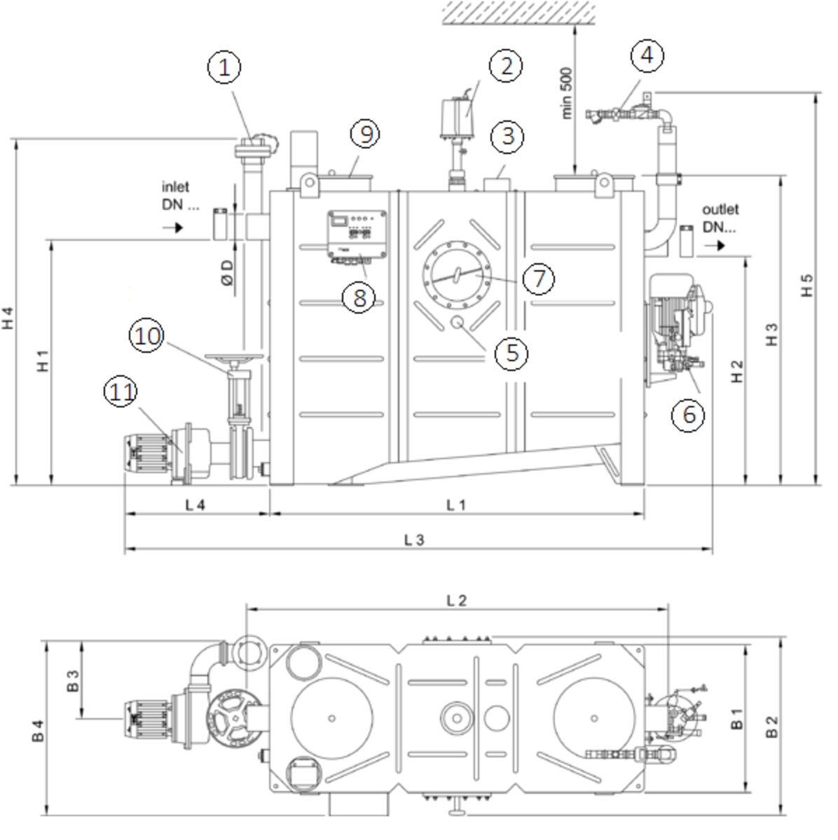 Esquema técnico generico del separador de grasas aéreo LIPUJET-S-OA de acero inoxidable AISI316, ovalado, extension automático con bomba de residuos (AP).