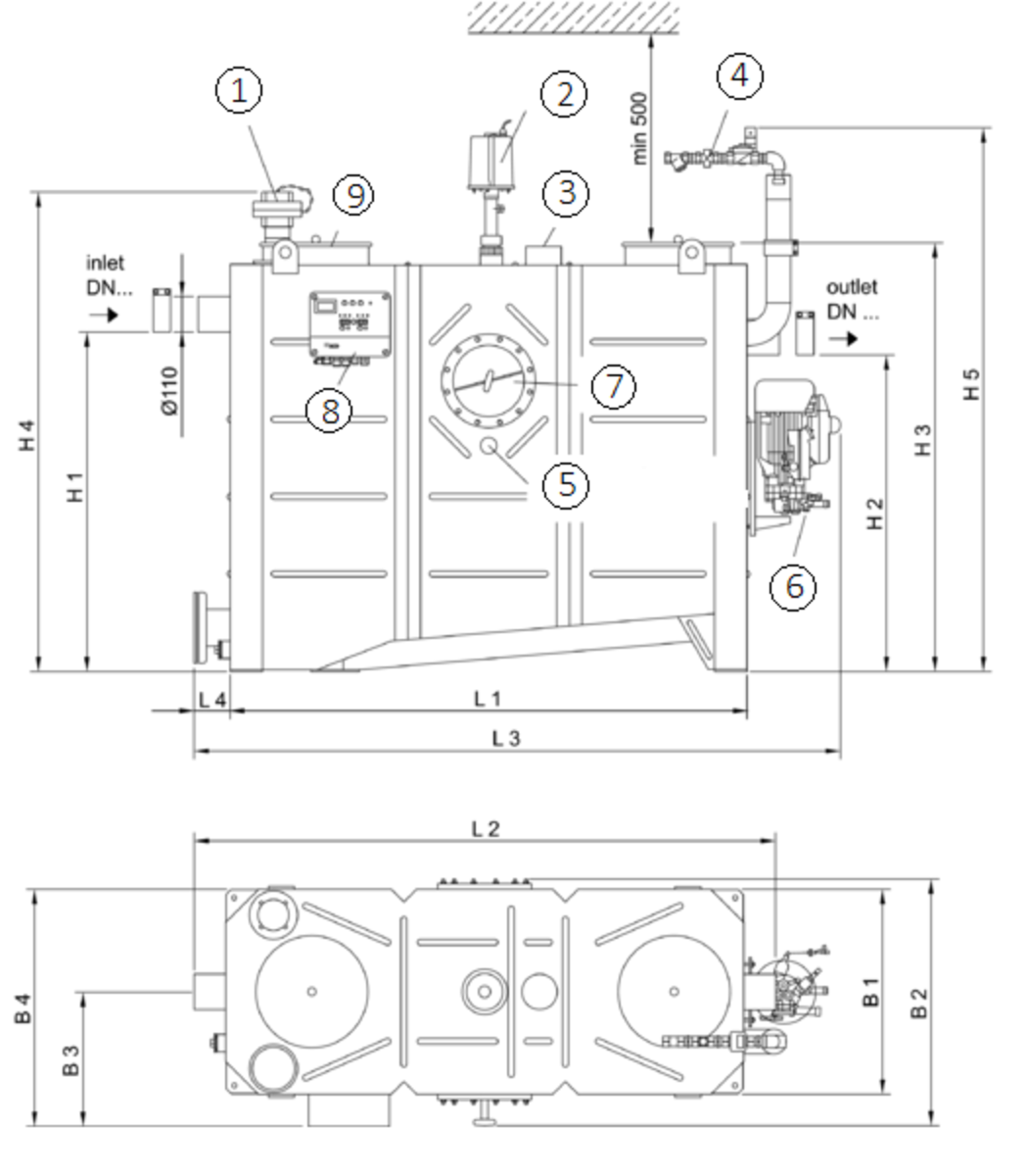 Esquema técnico generico del separador de grasas aéreo LIPUJET-S-OA de acero inoxidable AISI316, ovalado, extensión con tubo de succión y limpieza automático (A).