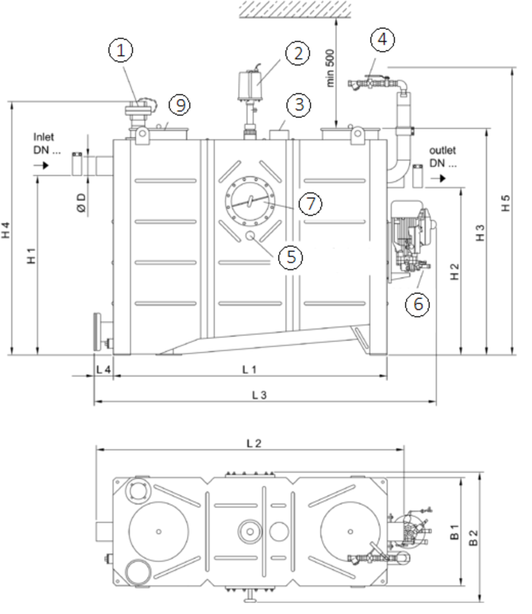 Esquema técnico generico del separador de grasas aéreo LIPUJET-S-OM de acero inoxidable AISI316, ovalado, extensión con tubo de succión y limpieza manual (M).