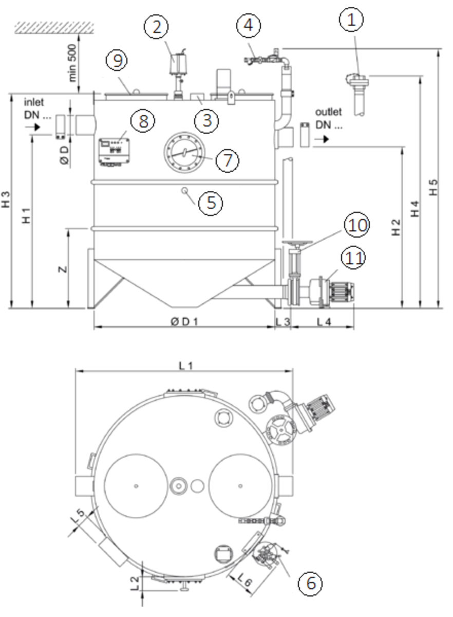 Esquema técnico generico del separador de grasas aéreo LIPUJET-S-RAP de acero inoxidable AISI316, redondo, extension automático con bomba de residuos (AP).