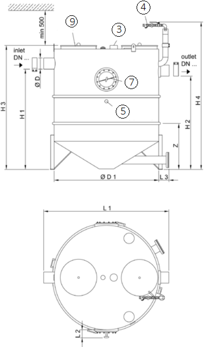 Esquema técnico generico del separador de grasas aéreo LIPUJET-S-RB de acero inoxidable AISI316, redondo.