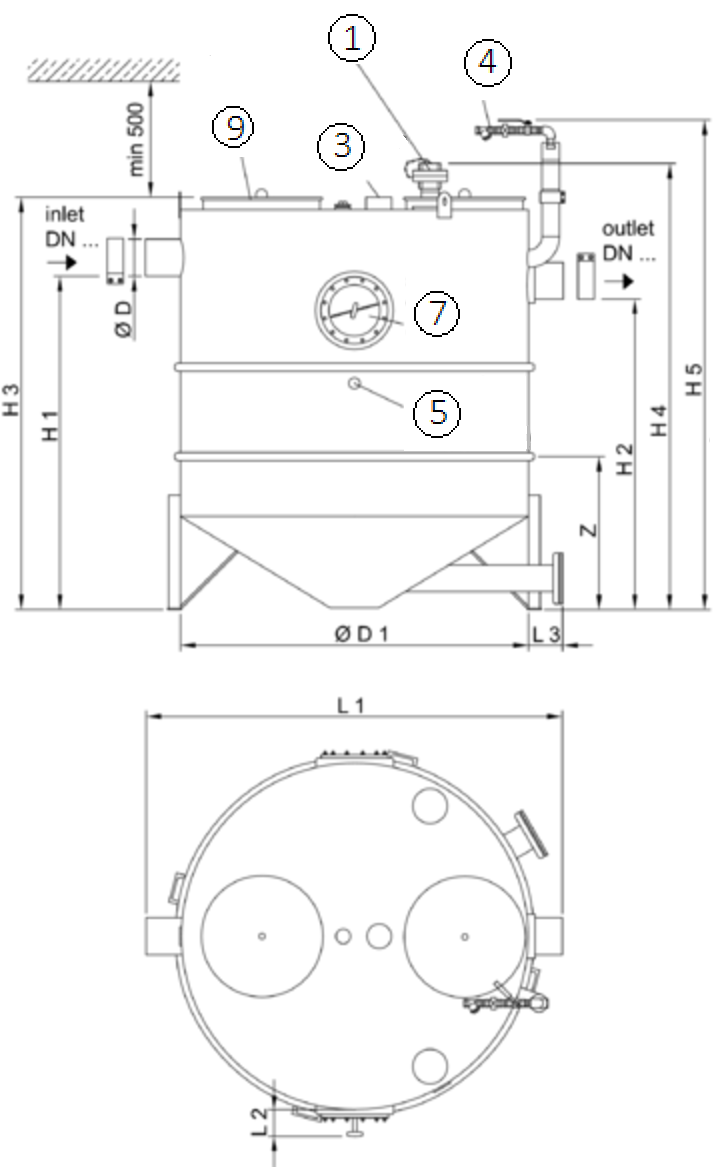 Esquema técnico generico del separador de grasas aéreo LIPUJET-S-RD de acero inoxidable AISI316, redondo, extensión con tubo de succión (D).