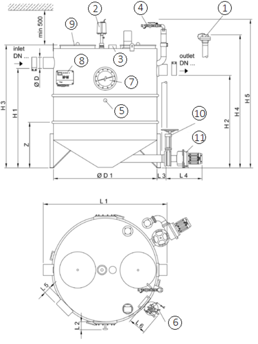 Esquema técnico generico del separador de grasas aéreo LIPUJET-S-RMP de acero inoxidable AISI316, redondo, extension manual con bomba de residuos (MP).