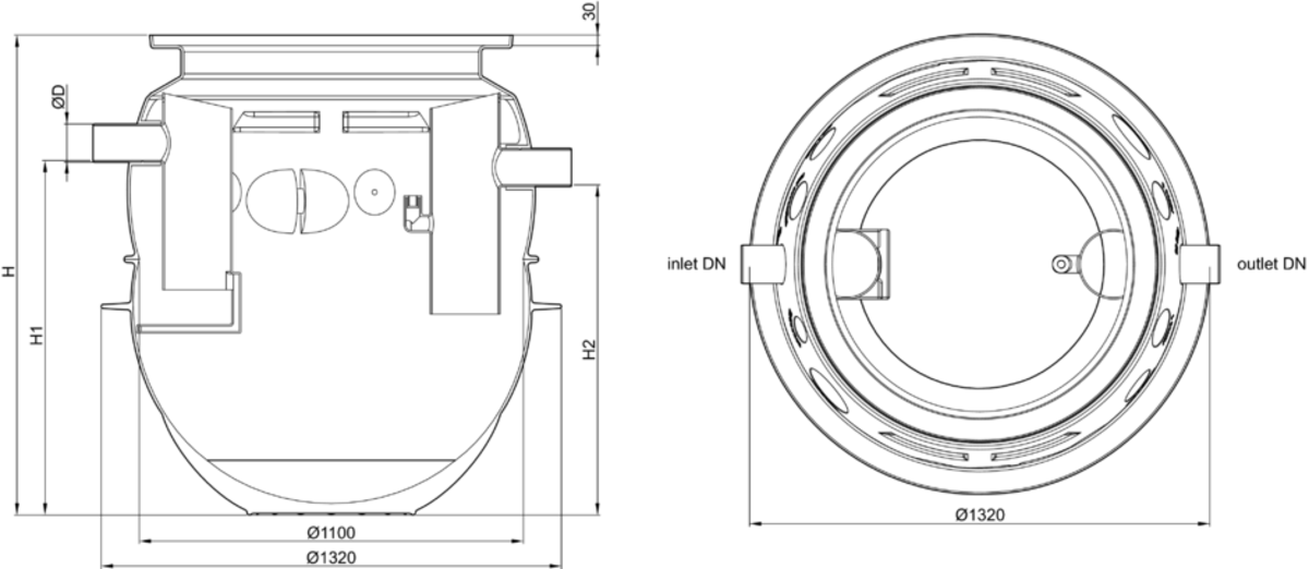 Esquema técnico generico del separador de grasas enterrado LIPUMAX-P-B de polietileno de alta densidad (HDPE).