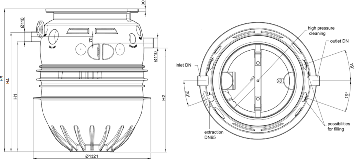 Esquema técnico generico del separador de grasas enterrado LIPUMAX-P-DA de polietileno de alta densidad (HDPE), extensión con tubo de succión y limpieza automático (DA).