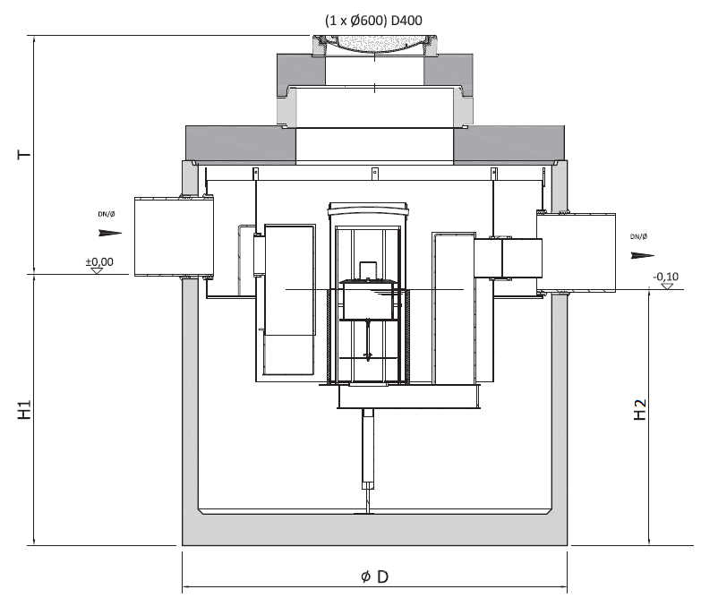 Esquema técnico general do separador de hidrocarbonetos enterrado OLEOPASS-C em betão armado, com bypass interno.