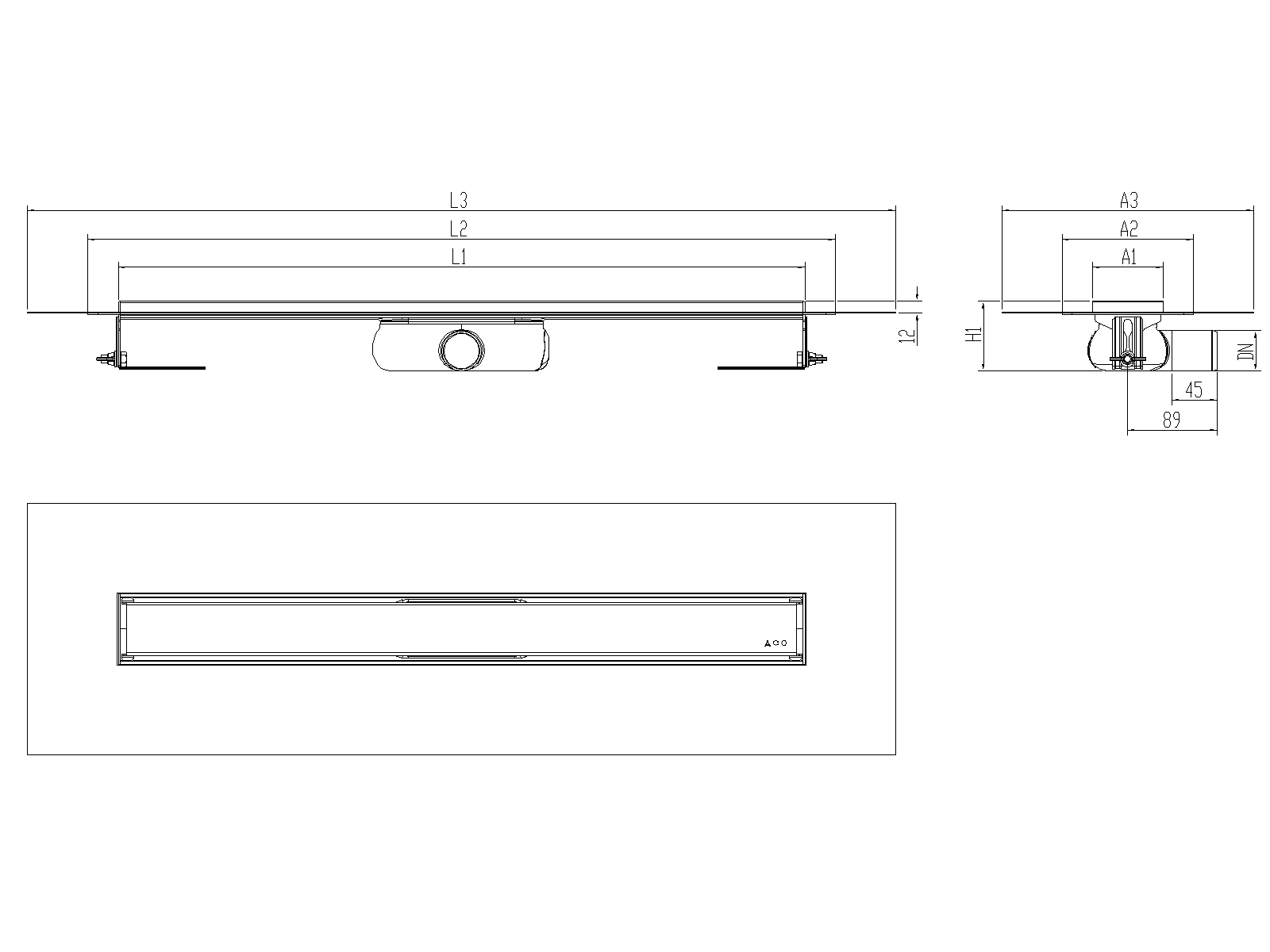 Esquema técnico canal Showerdrain -C 2.0 con alas S/H DN50 H:69-140mm con sifon de 25mm y reja MASSIVE con tela CD000883 // CD000884 // CD000885 // CD000886 // CD000887 // CD000888 // CD000889