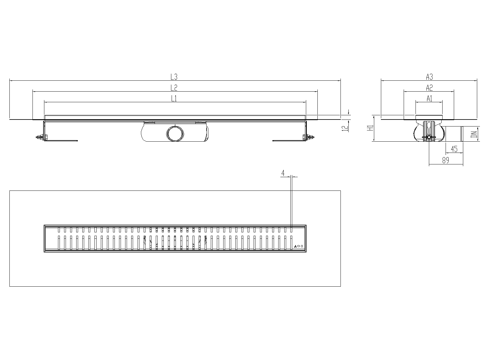 Esquema técnico canal Showerdrain -C 2.0 con alas S/H DN50 H:69-140mm con sifon de 25mm y reja PIANO con tela CD000933 // CD000934 // CD000935 // CD000936 // CD000937 // CD000938 // CD000939