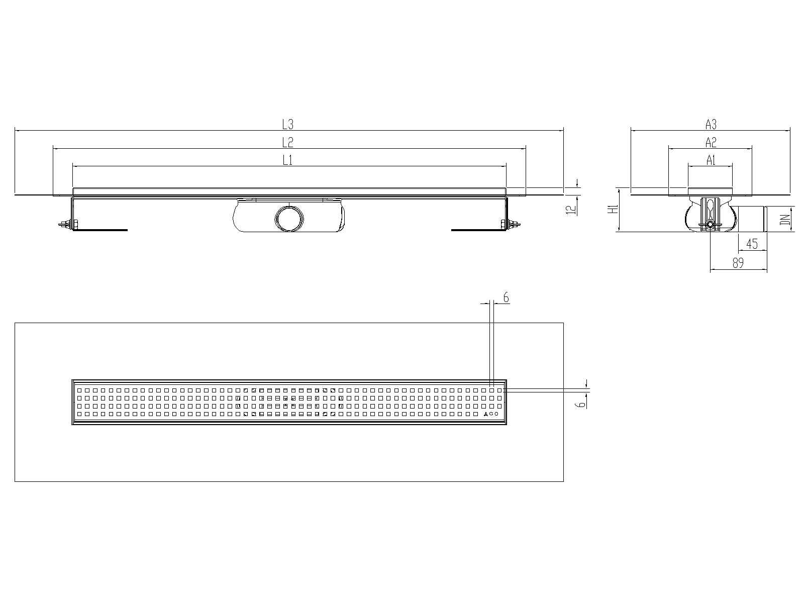 Esquema técnico canal Showerdrain -C 2.0 con alas S/H DN50 H:69-140mm con sifon de 25mm y reja QUADRATO con tela CD000733 // CD000734 // CD000735 // CD000736 // CD000737 // CD000738 // CD000739