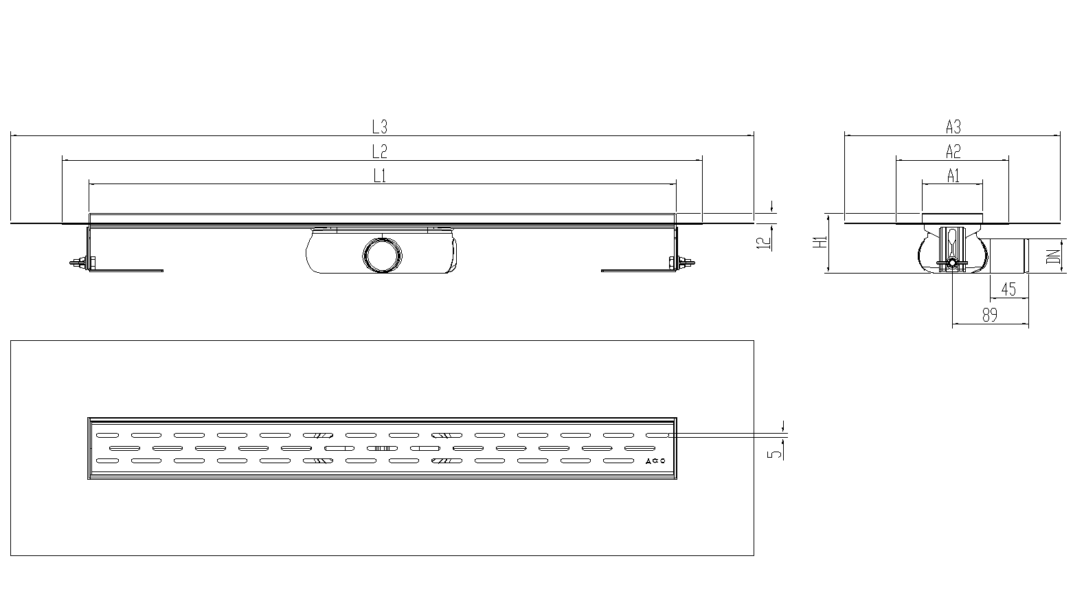 Esquema técnico canal Showerdrain -C 2.0 con alas S/H DN50 H:69-140mm con sifon de 25mm y reja SLOT con tela CD000783 // CD000784 // CD000785 // CD000786 // CD000787 // CD000788 // CD000789