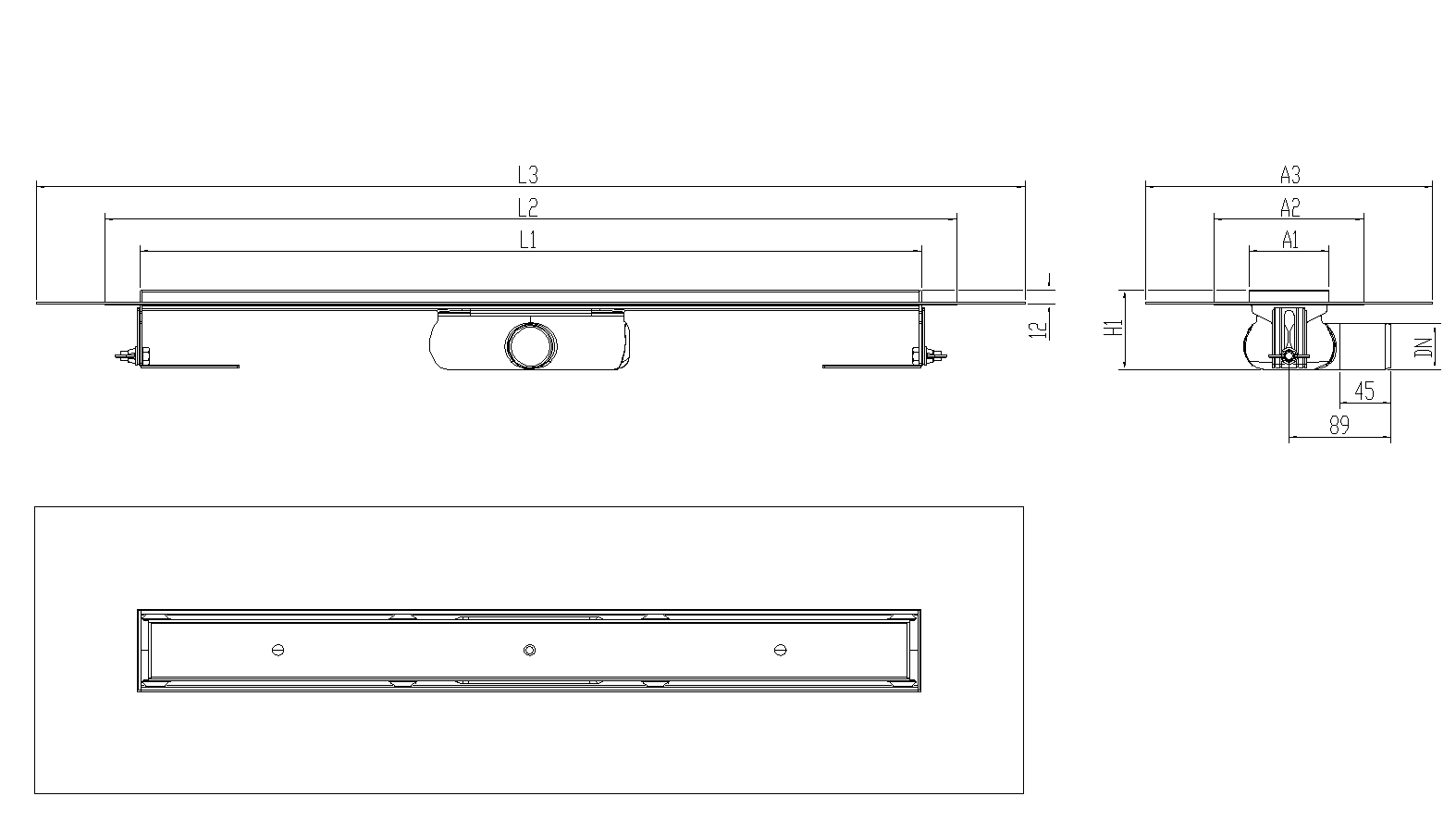 Esquema técnico canal Showerdrain -C 2.0 con alas S/H DN50 H:69-140mm con sifon de 25mm y reja RELLENABLE con tela CD000833 // CD000834 // CD000835 // CD000836 // CD000837 // CD000838 // CD000839