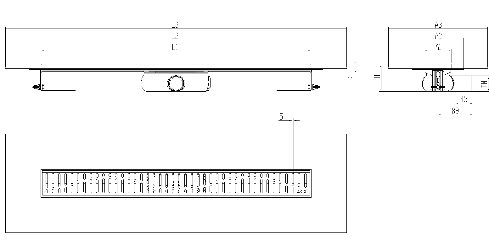 Esquema técnico canal Showerdrain -C 2.0 con alas S/H DN50 H:69-140mm con sifon de 25mm y reja WAVE con tela CD000683 // CD000684 // CD000685 // CD000686 // CD000687 // CD000688 // CD000689