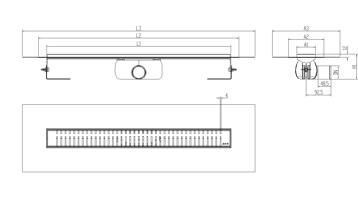 Esquema técnico canal Showerdrain -C 2.0 con alas S/H DN50 H:92-140mm con sifon de 50mm y reja PIANO con tela CD000923 // CD000924 // CD000925 // CD000926 // CD000927 // CD000928 // CD000929