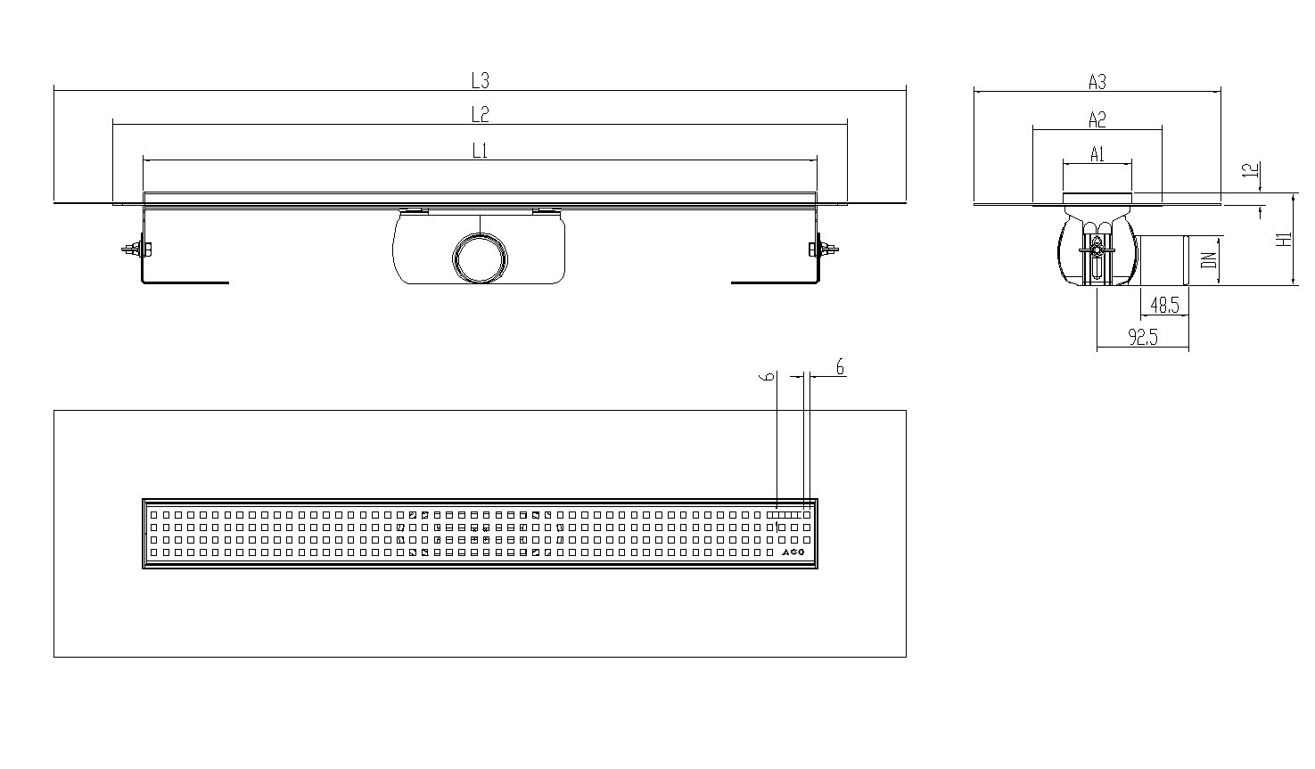 Esquema técnico canal Showerdrain -C 2.0 con alas S/H DN50 H:92-140mm con sifon de 50mm y reja QUADRATO con tela CD000723 // CD000724 // CD000725 // CD000726 // CD000727 // CD000728 // CD000729