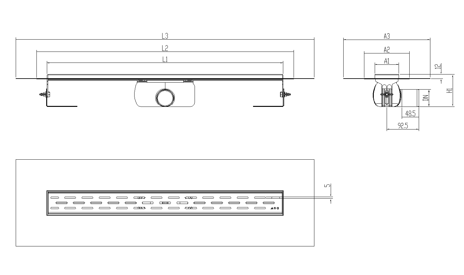 Esquema técnico canal Showerdrain -C 2.0 con alas S/H DN50 H:92-140mm con sifon de 50mm y reja SLOT con tela CD000773 // CD000774 // CD000775 // CD000776 // CD000777 // CD000778 // CD000779