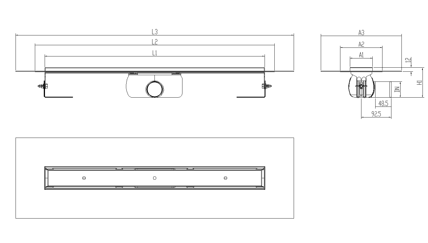 Esquema técnico canal Showerdrain -C 2.0 con alas S/H DN50 H:92-140mm con sifon de 50mm y reja RELLENABLE con tela CD000823 // CD000824 // CD000825 // CD000826 // CD000827 // CD000828 // CD000829