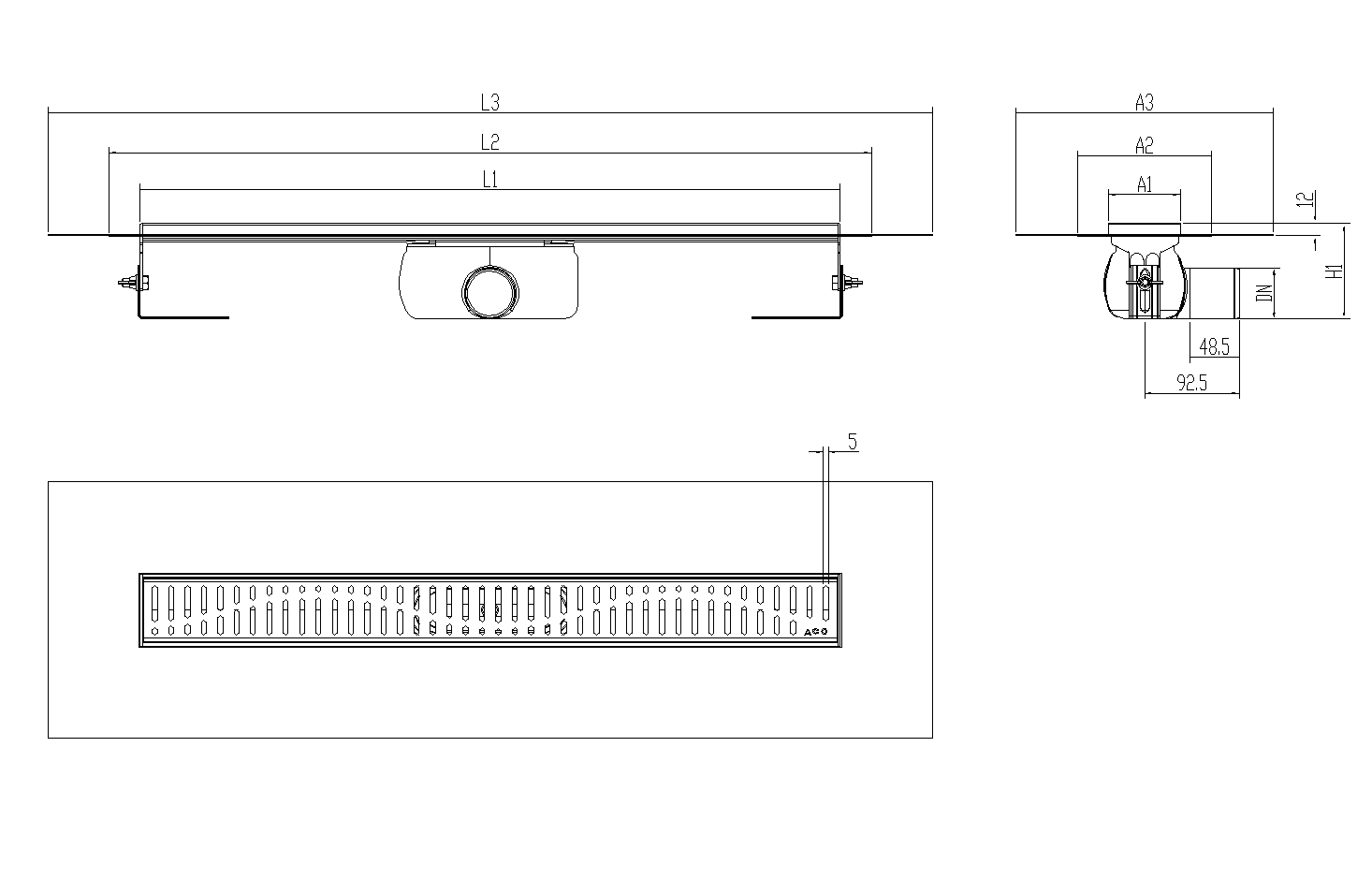 Esquema técnico canal Showerdrain -C 2.0 con alas S/H DN50 H:92-140mm con sifon de 50mm y reja WAVE con tela CD000673 // CD000674 // CD000675 // CD000676 // CD000677 // CD000678 // CD000679