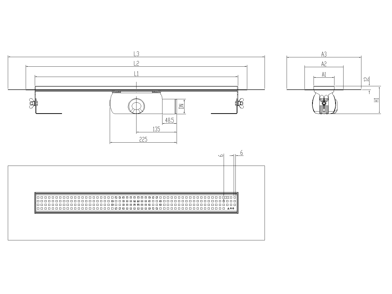 Esquema técnico canal Showerdrain -C 2.0 con alas S/H lateral DN50 H:92-140mm con sifon de 50mm y reja QUADRATO con tela CD000728 // CD000729 // CD000730 // CD000731 // CD000732 // CD000733 // CD000734