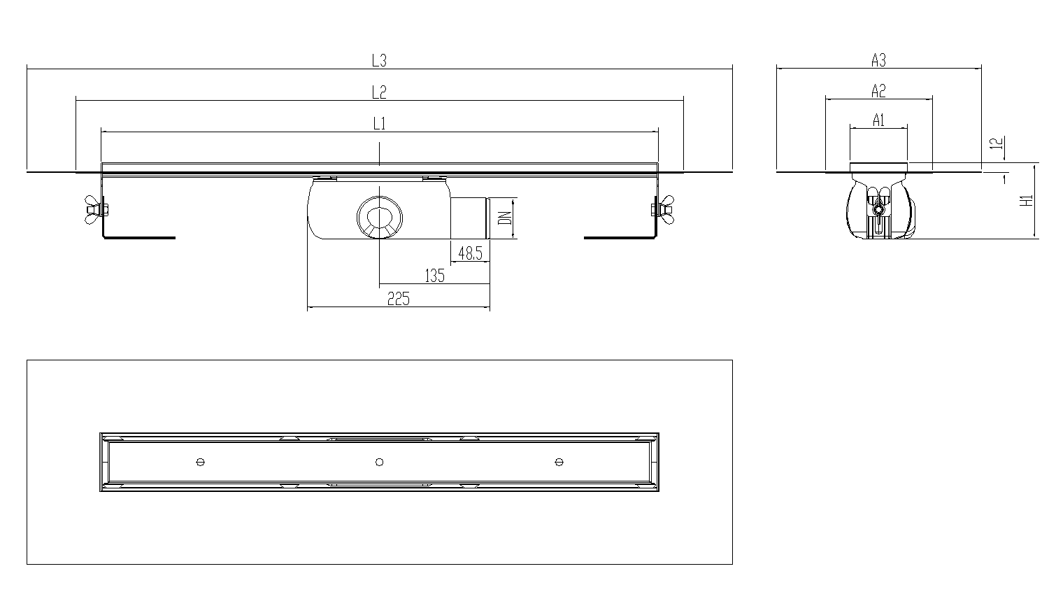 Esquema técnico canal Showerdrain -C 2.0 con alas S/H lateral DN50 H:92-140mm con sifon de 50mm y reja RELLENABLE con tela CD000828 // CD000829 // CD000830 // CD000831 // CD000832 // CD000833 // CD000834