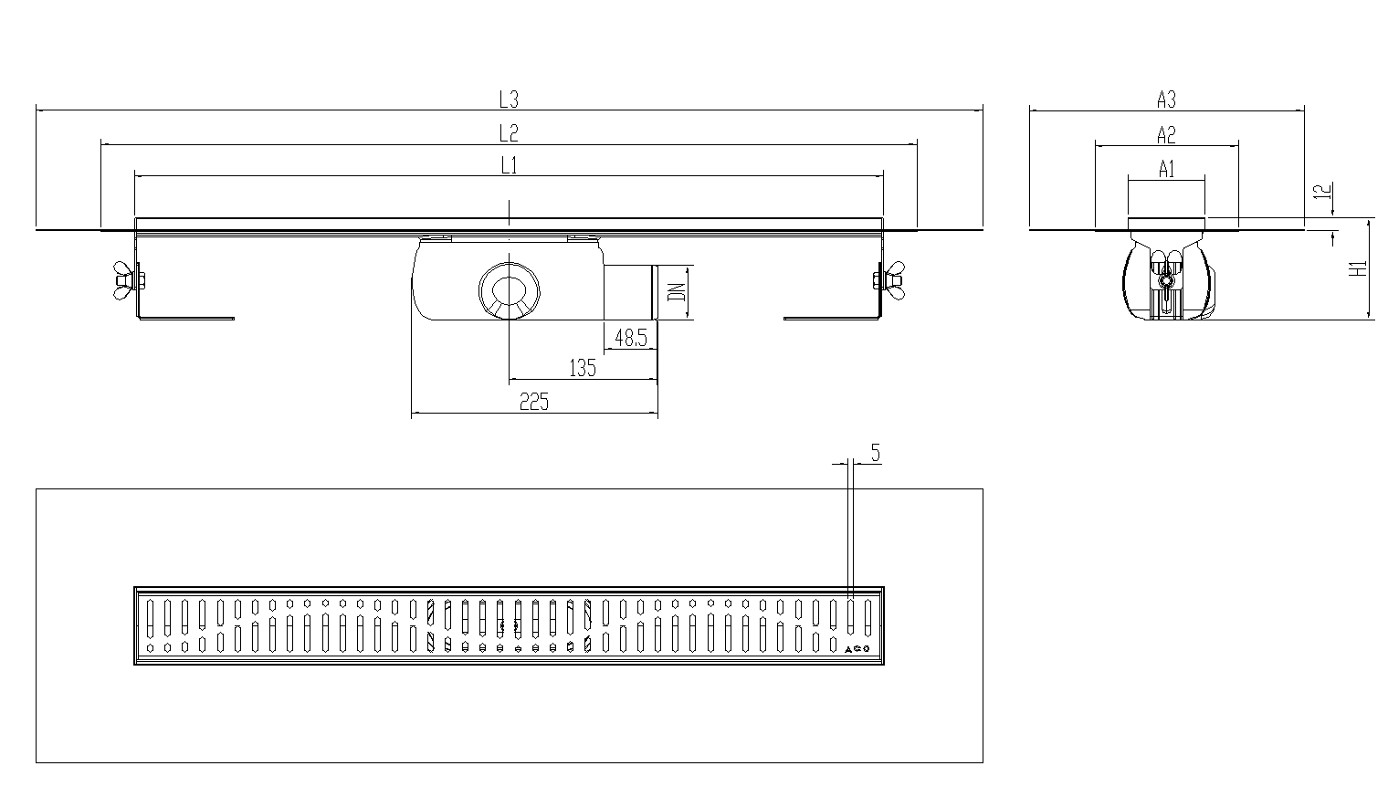 Esquema técnico canal Showerdrain -C 2.0 con alas S/H lateral DN50 H:92-140mm con sifon de 50mm y reja WAVE con tela CD000678 // CD000679 // CD000680 // CD000681 // CD000682 // CD000683 // CD000684