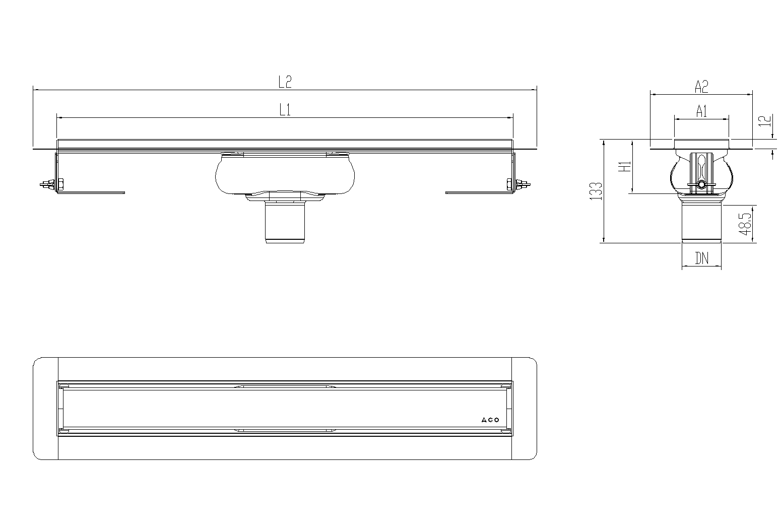 Esquema técnico canal Showerdrain -C 2.0 con alas S/V DN50 H:69-140mm con sifon de 25mm y reja MASSIVE sin tela CD000484 // CD000485 // CD000486 // CD000487 // CD000488 // CD000489 // CD000490