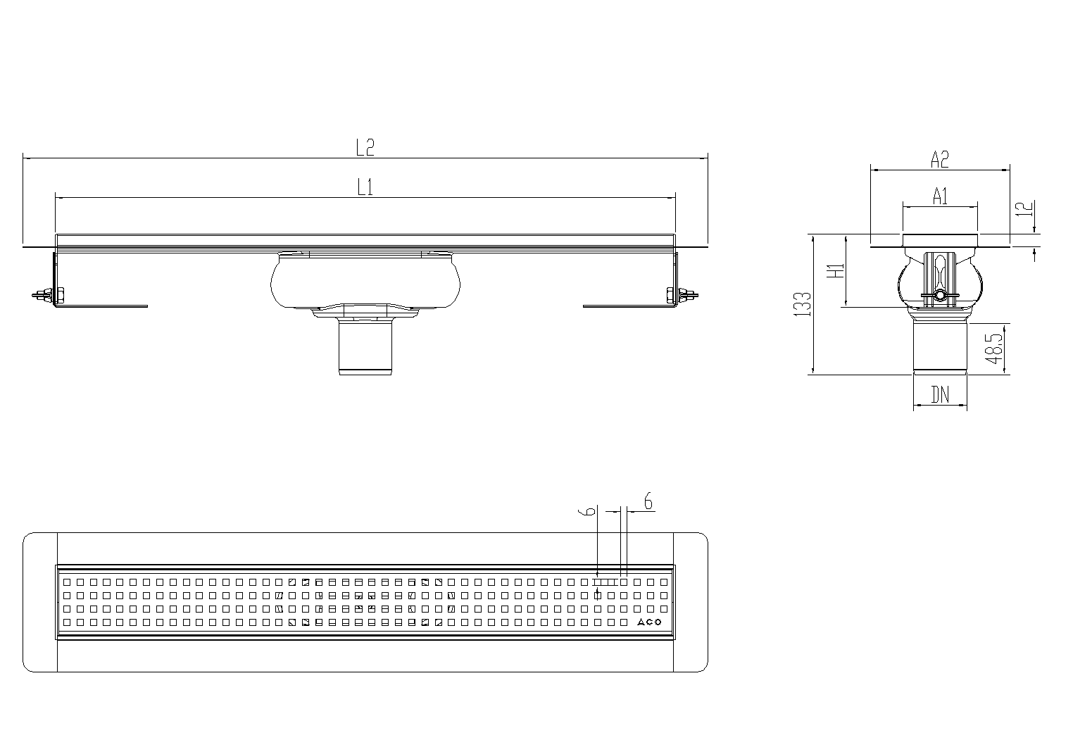 Esquema técnico canal Showerdrain -C 2.0 con alas S/V DN50 H:69-140mm con sifon de 25mm y reja QUADRATO sin tela CD000148 // CD000149 // CD000150 // CD000151 // CD000152 // CD000153 // CD000154