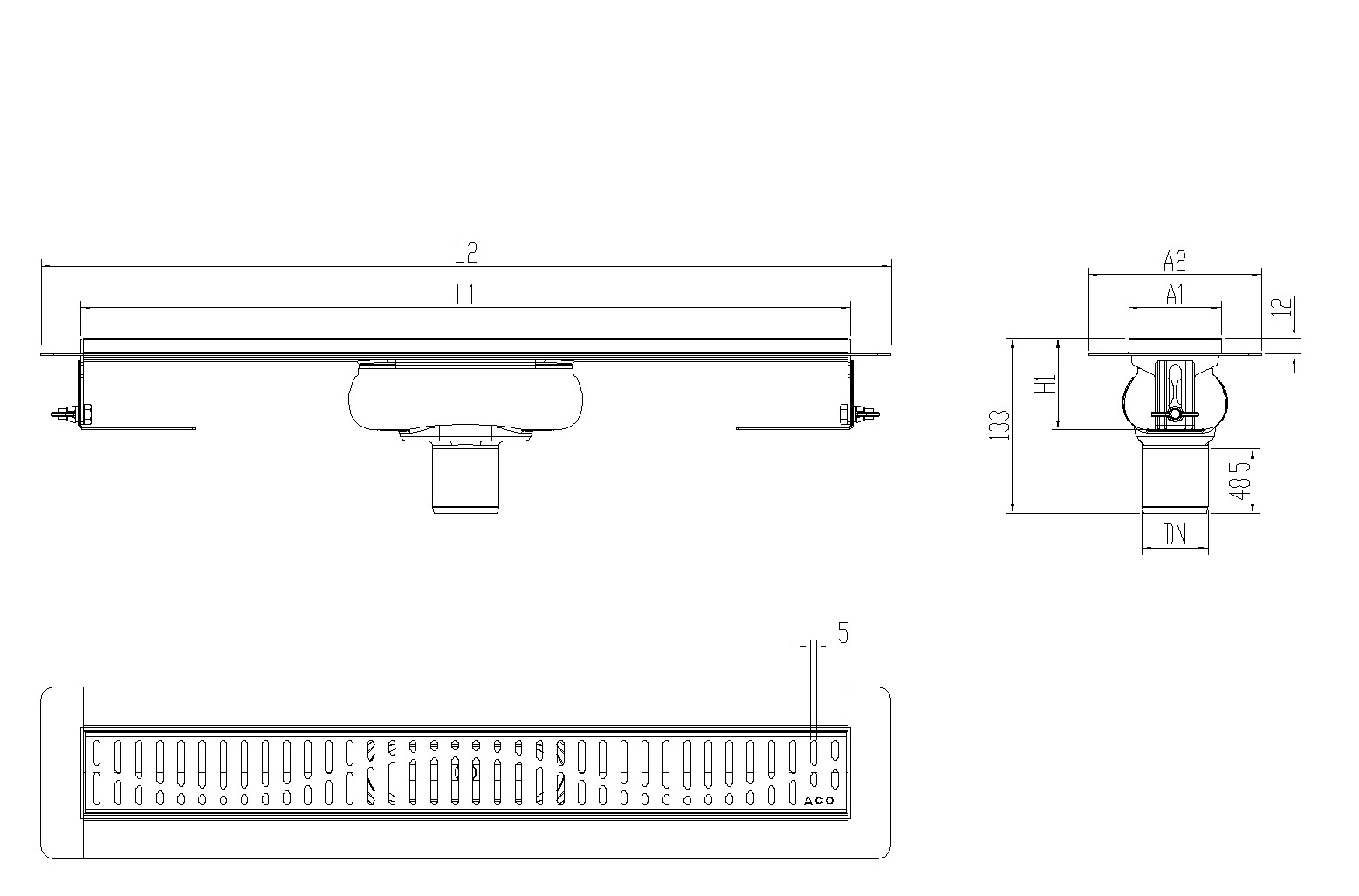 Esquema técnico canal Showerdrain -C 2.0 con alas S/V DN50 H:69-140mm con sifon de 25mm y reja WAVE sin tela CD000036 // CD000037 // CD000038 // CD000039 // CD000040 // CD000041 // CD000042