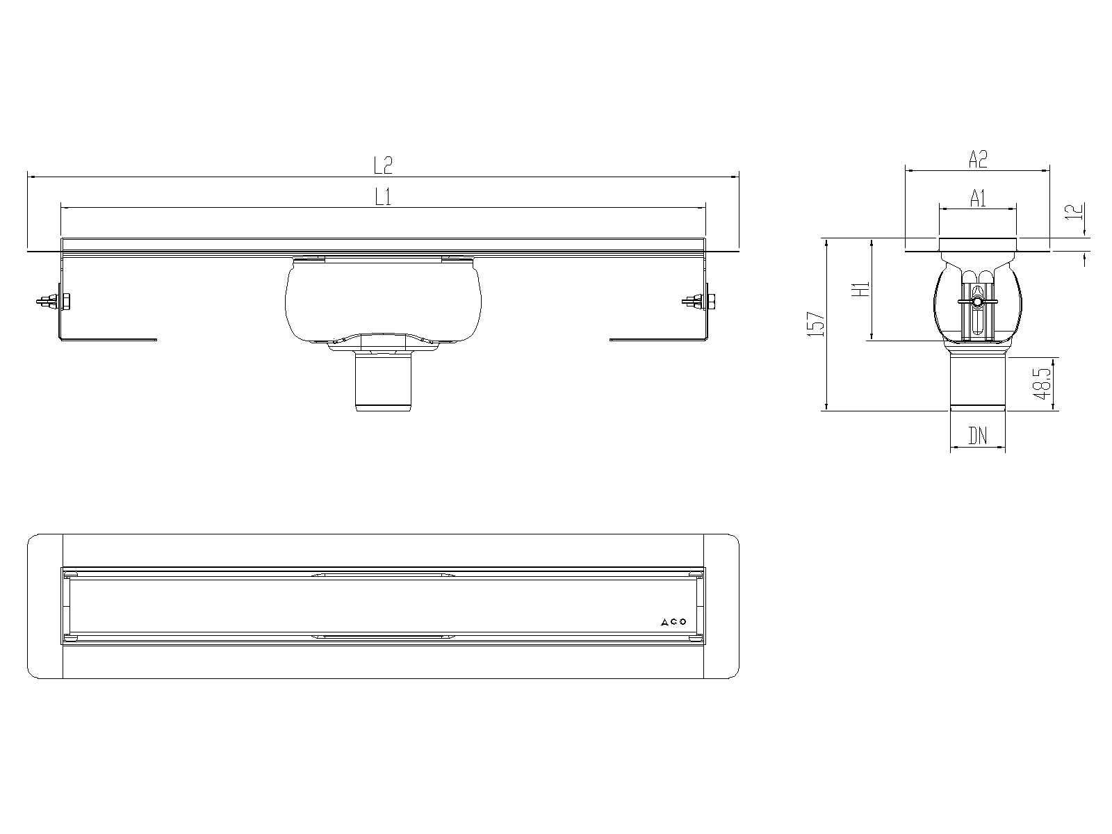 Esquema técnico canal Showerdrain -C 2.0 con alas S/V DN50 H:92-140mm con sifon de 50mm y reja MASSIVE sin tela CD000477 // CD000478 // CD000479 // CD000480 // CD000481 // CD000482 // CD000483