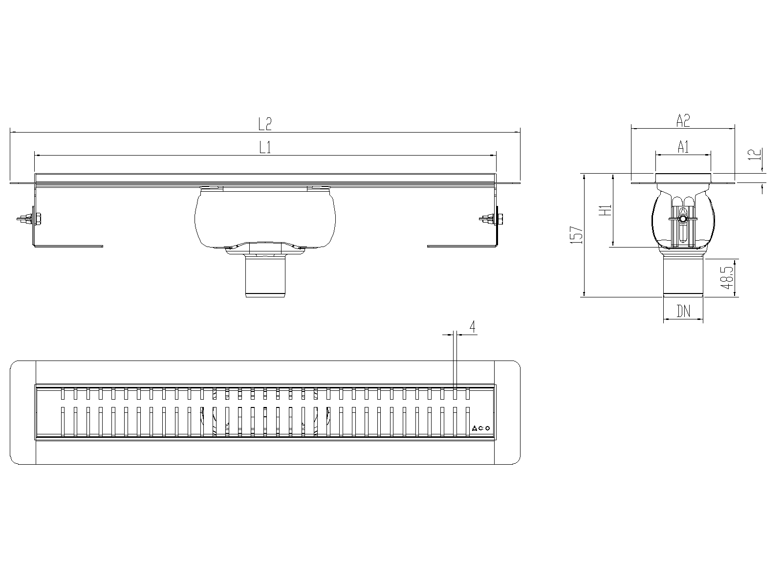 Esquema técnico canal Showerdrain -C 2.0 con alas S/V DN50 H:92-140mm con sifon de 50mm y reja  sin tela CD000589 // CD000590 // CD000591 // CD000592 // CD000593 // CD000594 // CD000595