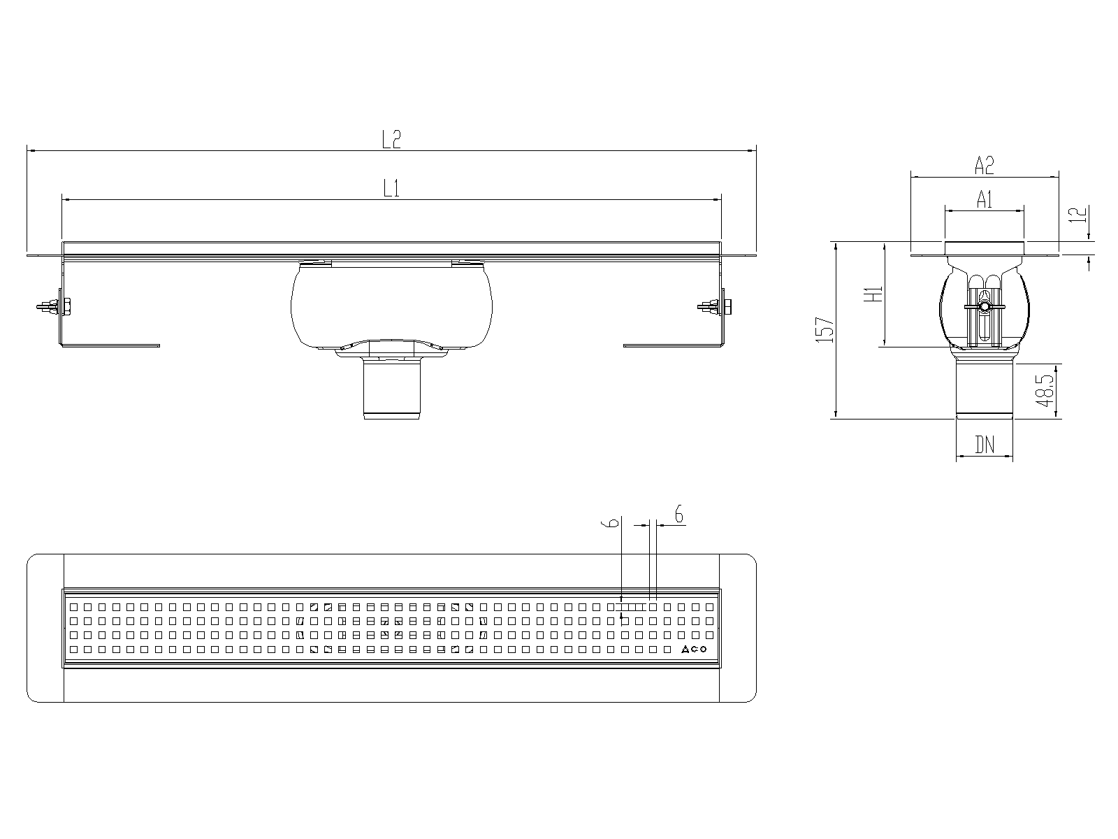 Esquema técnico canal Showerdrain -C 2.0 con alas S/V DN50 H:92-140mm con sifon de 50mm y reja QUADRATO sin tela CD000141 // CD000142 // CD000143 // CD000144 // CD000145 // CD000146 // CD000147