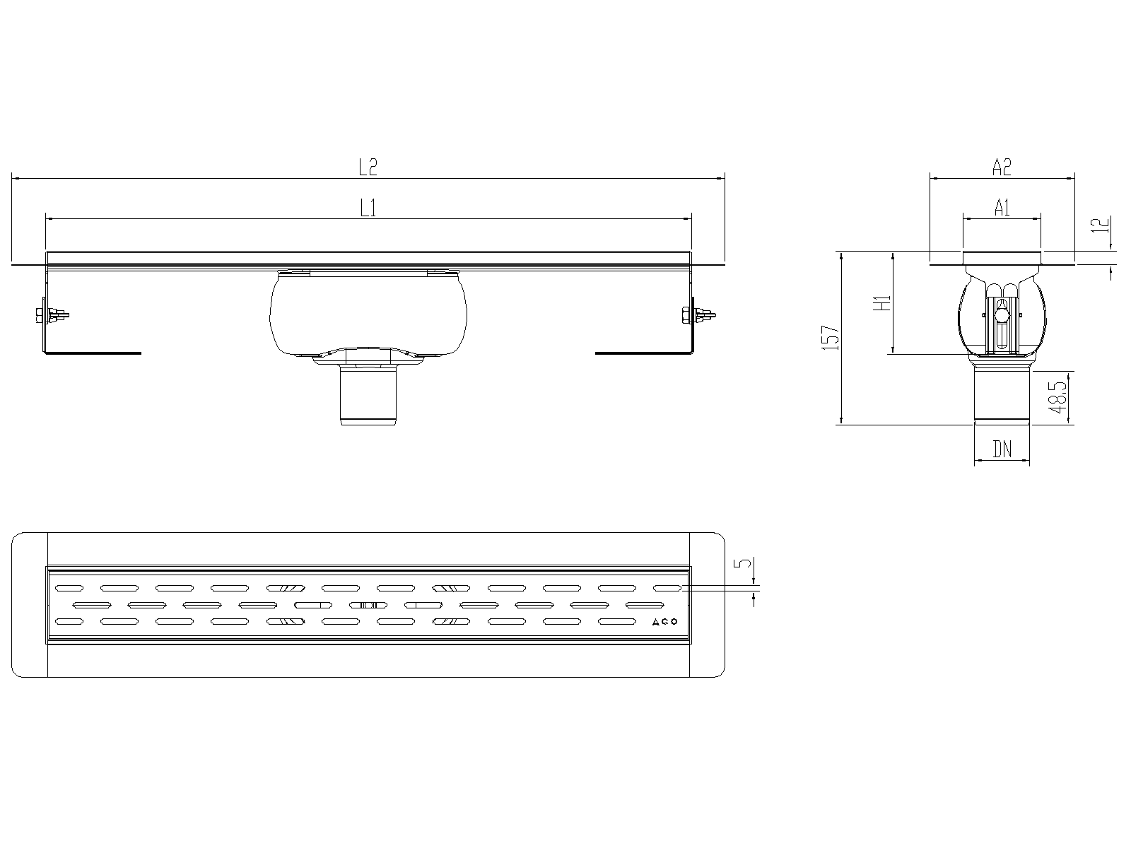 Esquema técnico canal Showerdrain -C 2.0 con alas S/V DN50 H:92-140mm con sifon de 50mm y reja SLOT sin tela CD000253 // CD000254 // CD000255 // CD000256 // CD000257 // CD000258 // CD000259