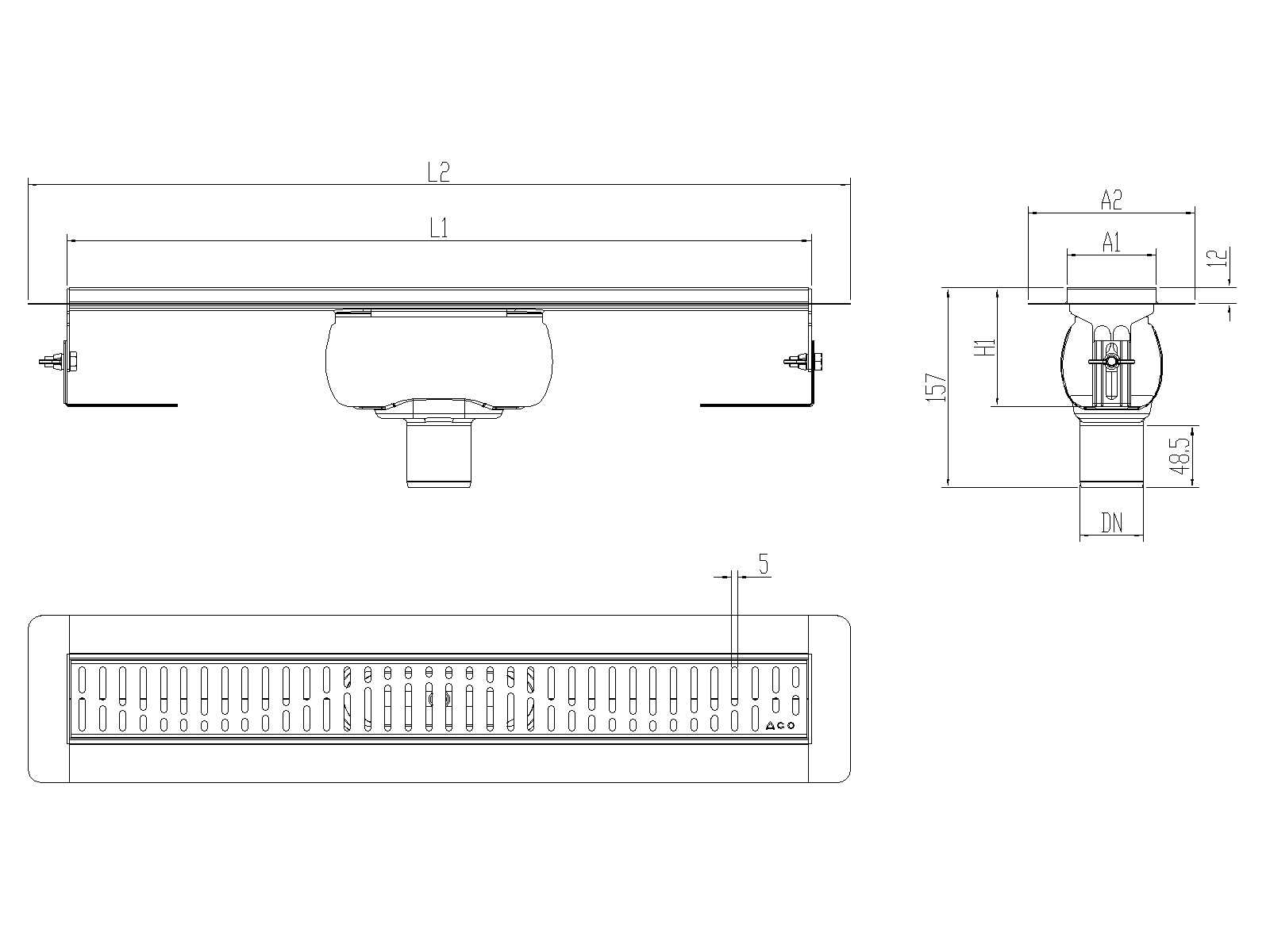 Esquema técnico canal Showerdrain -C 2.0 con alas S/V DN50 H:92-140mm con sifon de 50mm y reja WAVE sin tela CD000029 // CD000030 // CD000031 // CD000032 // CD000033 // CD000034 // CD000035