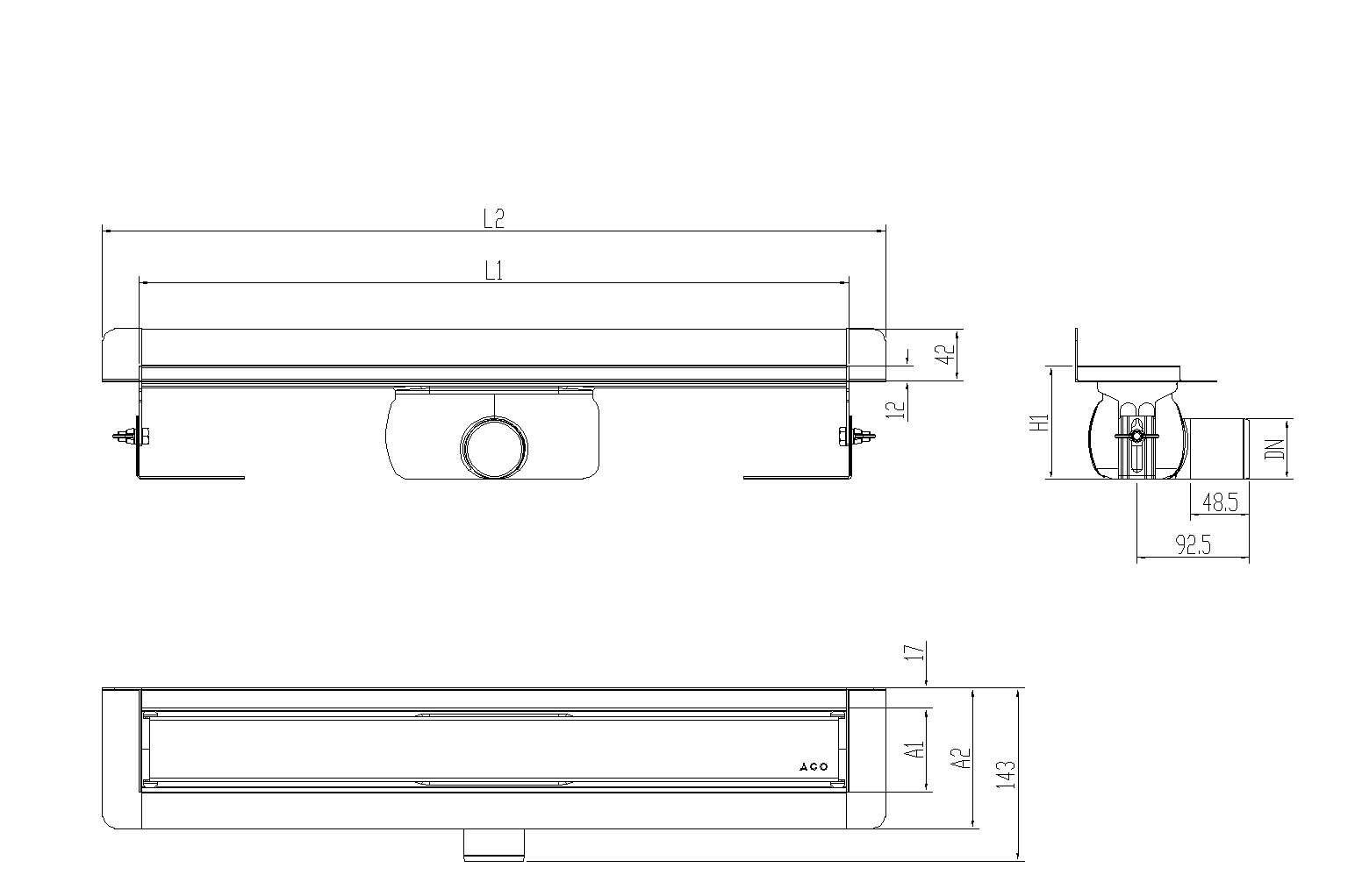 Esquema técnico canal Showerdrain -C 2.0 con marco trasero S/H DN50 H:92-140mm con sifon de 50mm y reja MASSIVE sin tela CD000491 // CD000492 // CD000493 // CD000494 // CD000495 // CD000496 // CD000497