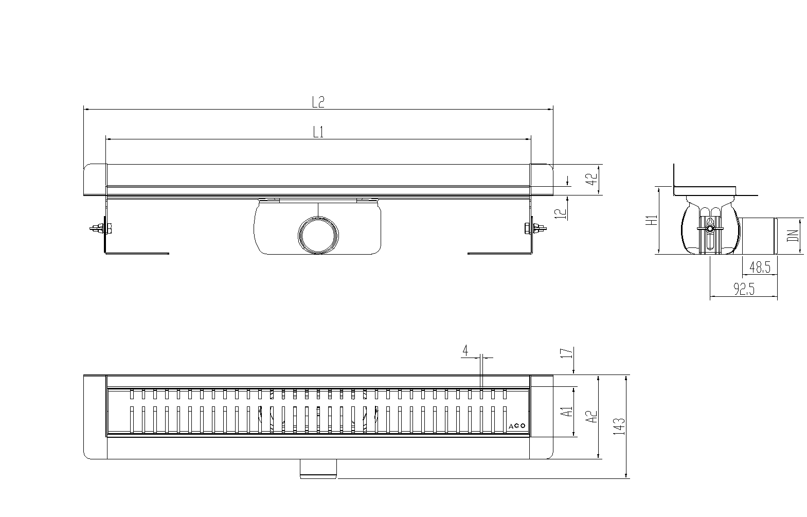 Esquema técnico canal Showerdrain -C 2.0 con marco trasero S/H DN50 H:92-140mm con sifon de 50mm y reja PIANO sin tela CD000603 // CD000604 // CD000605 // CD000606 // CD000607 // CD000608 // CD000609