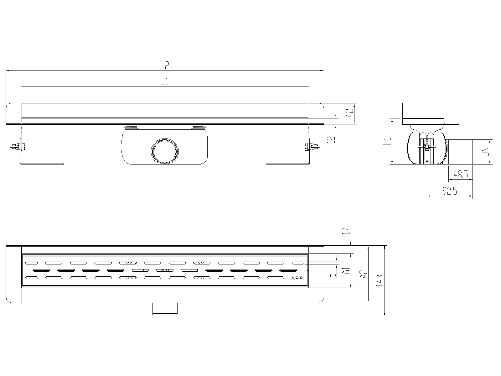 Esquema técnico canal Showerdrain -C 2.0 con marco trasero S/H DN50 H:92-140mm con sifon de 50mm y reja SLOT sin tela CD000267 // CD000268 // CD000269 // CD000270 // CD000271 // CD000272 // CD000273