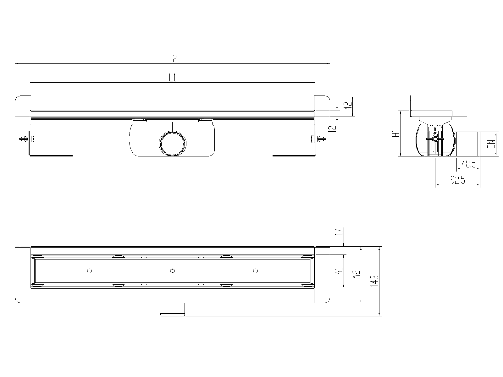 Esquema técnico canal Showerdrain -C 2.0 con marco trasero S/H DN50 H:92-140mm con sifon de 50mm y reja RELLENABLE sin tela CD000379 // CD000380 // CD000381 // CD000382 // CD000383 // CD000384 // CD000385