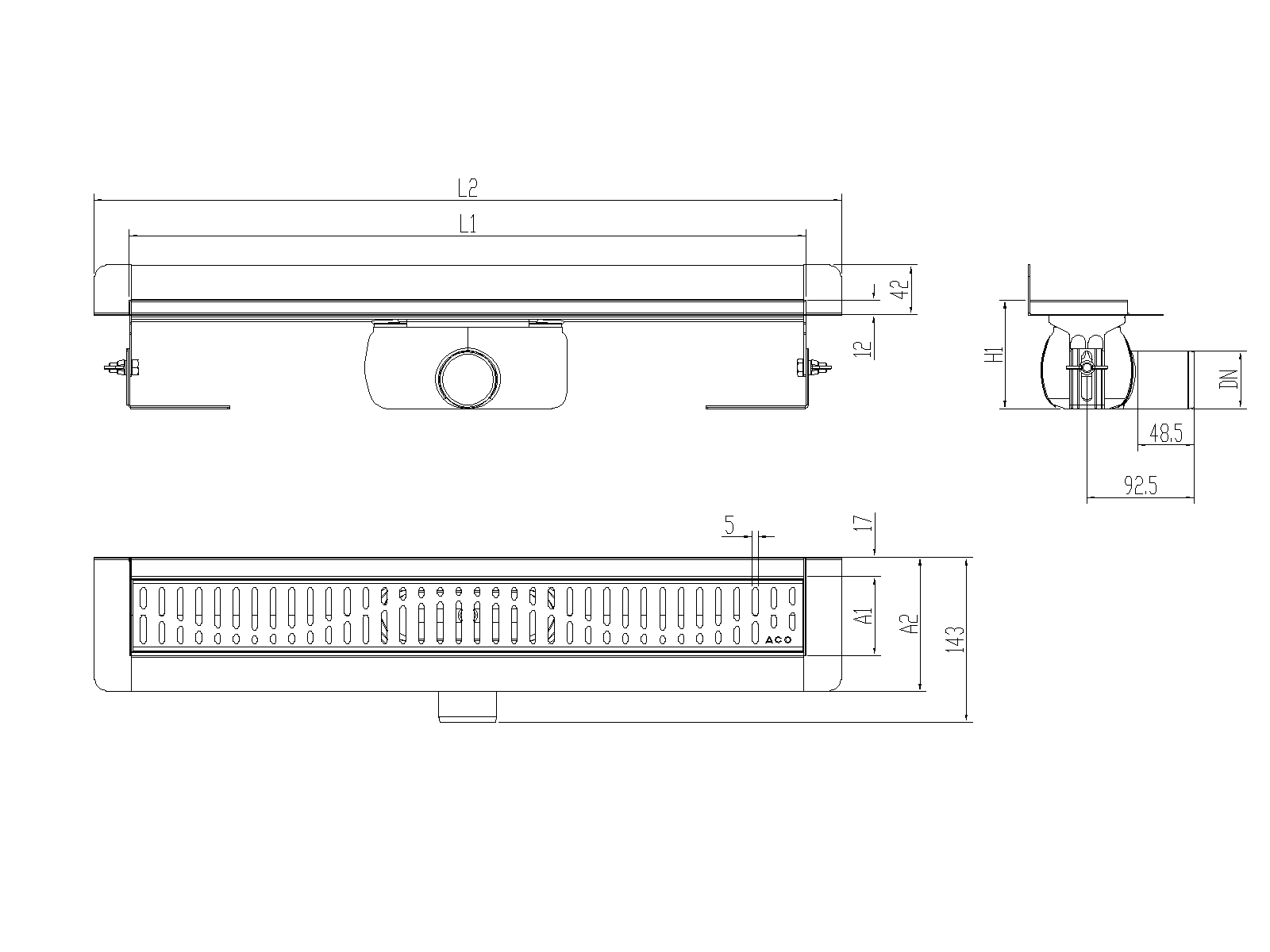 Esquema técnico canal Showerdrain -C 2.0 con marco trasero S/H DN50 H:92-140mm con sifon de 50mm y reja WAVE sin tela CD000043 // CD000044 // CD000045 // CD000046 // CD000047 // CD000048 // CD000049