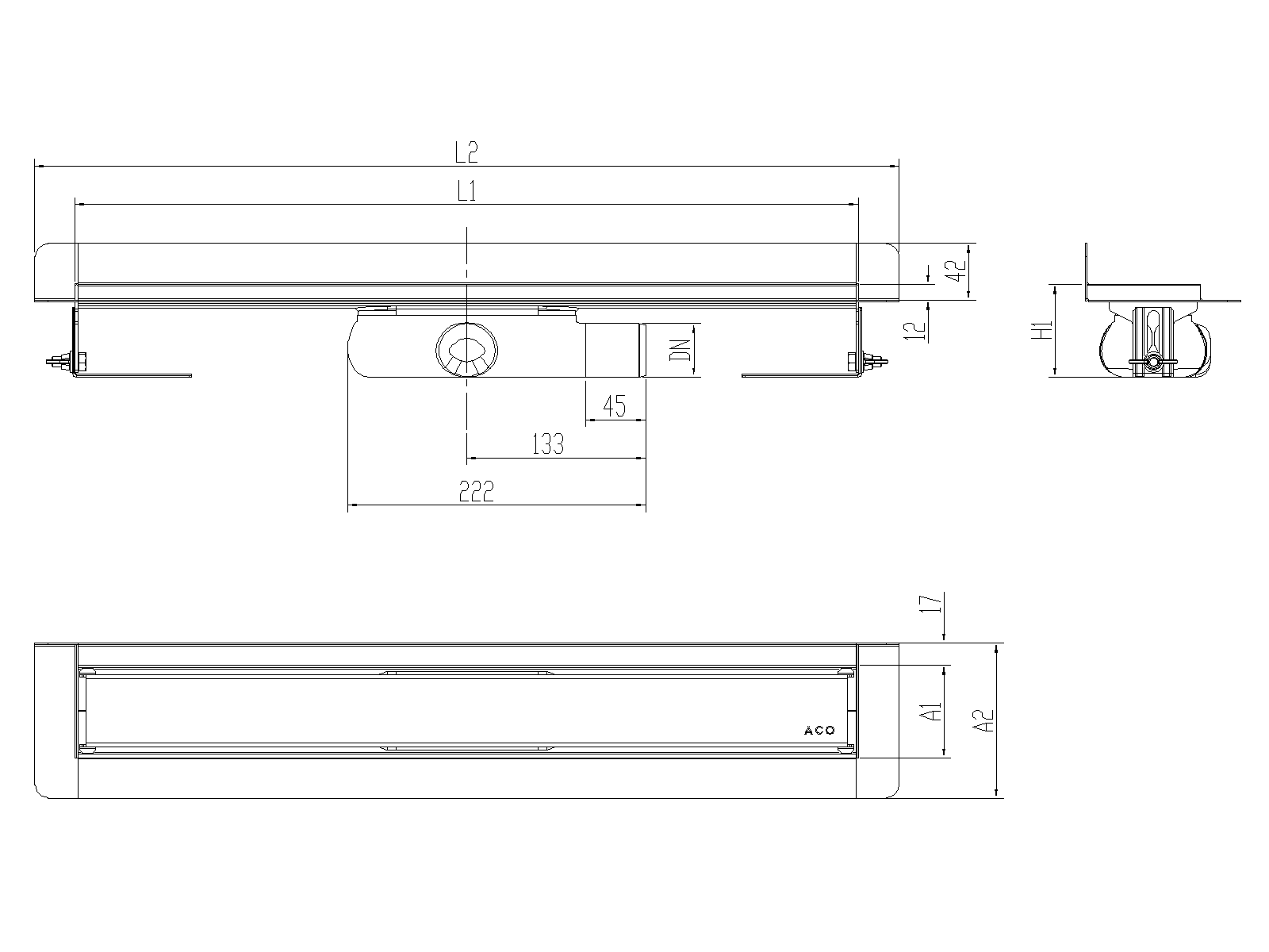 Esquema técnico canal Showerdrain -C 2.0 con marco trasero S/H lateral derecha DN50 H:69-140mm con sifon de 25mm y reja MASSIVE sin tela CD000526 // CD000527 // CD000528 // CD000529 // CD000530 // CD000531 // CD000532