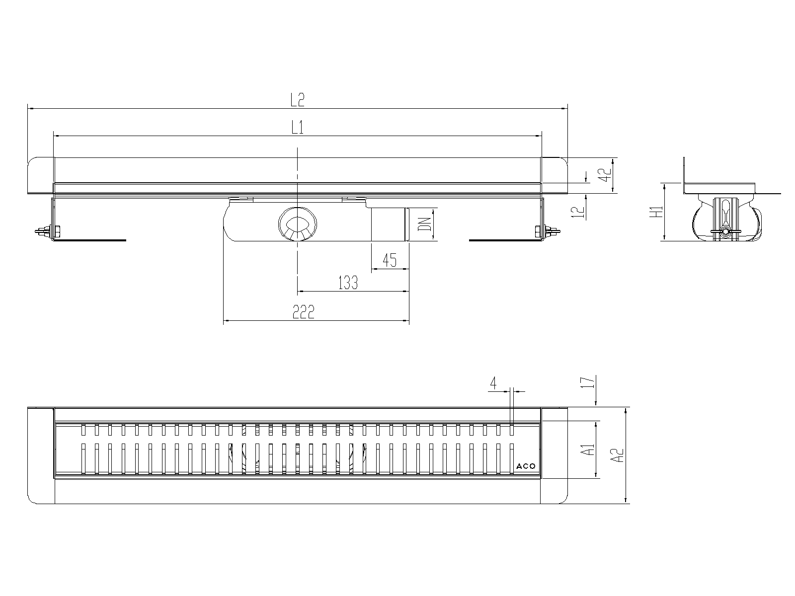 Esquema técnico canal Showerdrain -C 2.0 con marco trasero S/H lateral derecha DN50 H:69-140mm con sifon de 25mm y reja PIANO sin tela CD000638 // CD000639 // CD000640 // CD000641 // CD000642 // CD000643 // CD000644