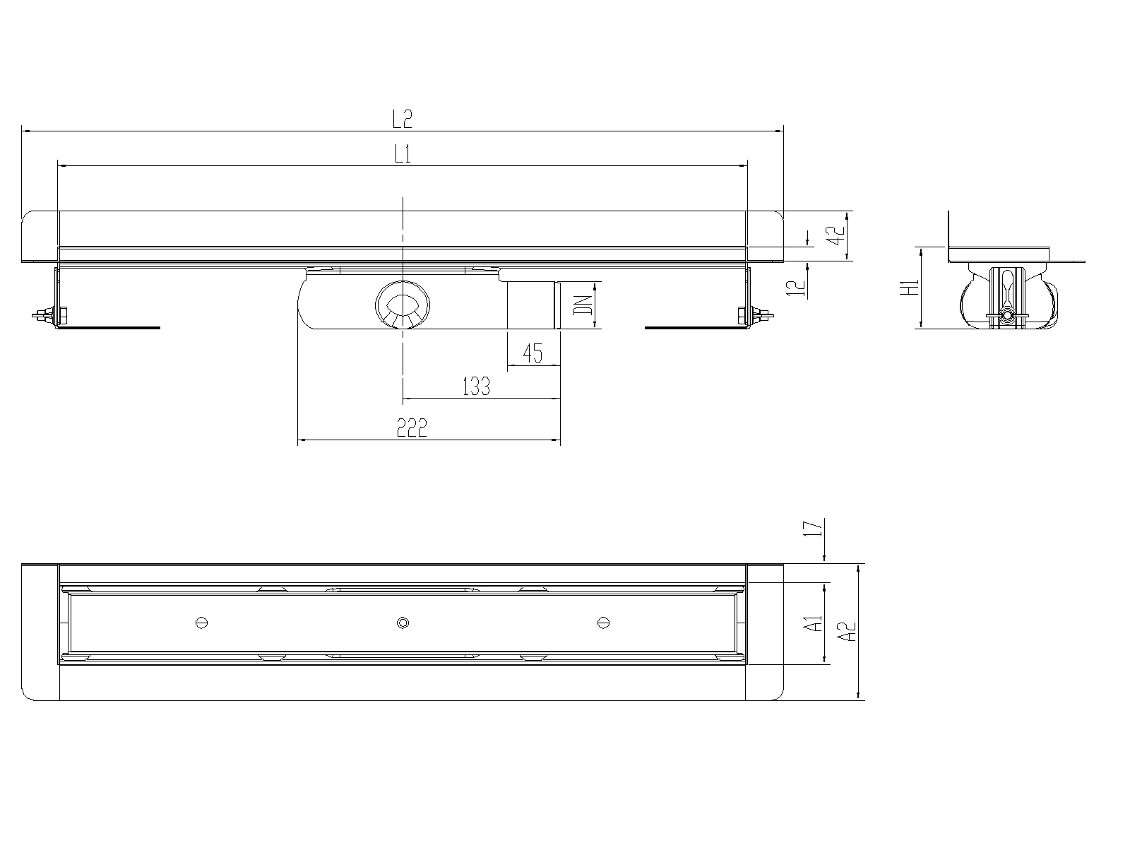 Esquema técnico canal Showerdrain -C 2.0 con marco trasero S/H lateral derecha DN50 H:69-140mm con sifon de 25mm y reja RELLENABLE con tela CD000868 // CD000869 // CD000870 // CD000871 // CD000872 // CD000873 // CD000874